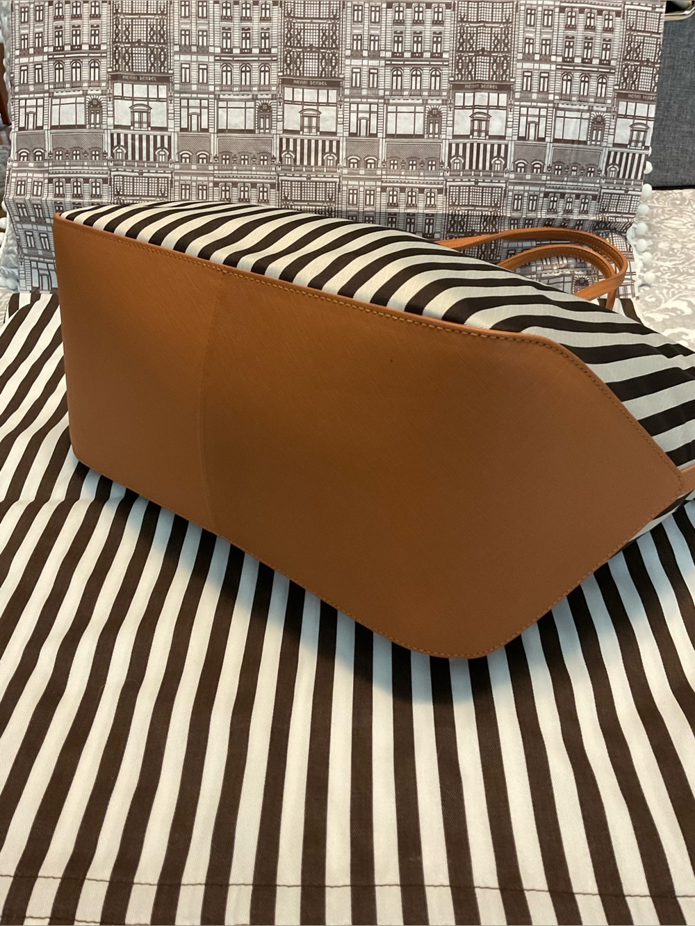 Henri Bendel Mink and Silver Premium Stripe Tote with  Chestnut Saffiano Trim - Picture 8 of 16